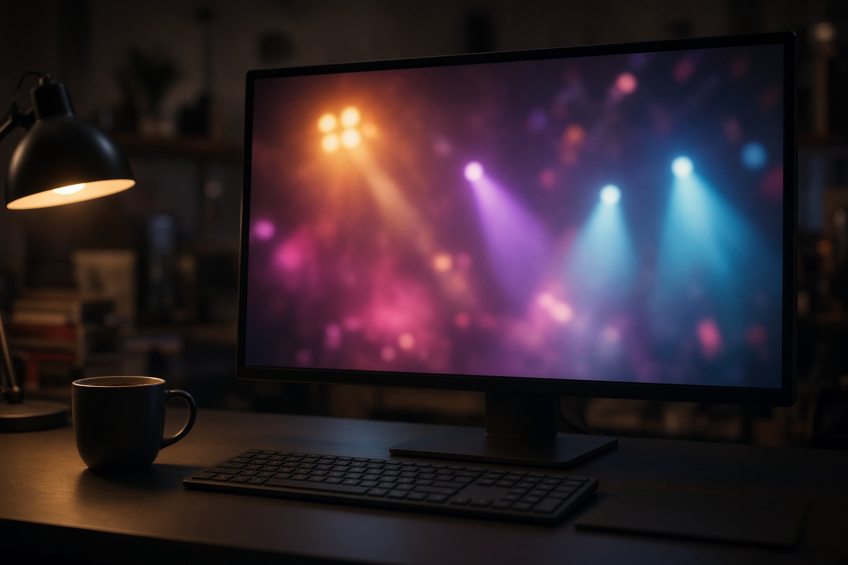 A dim editing desk with a monitor showing warm stage lights